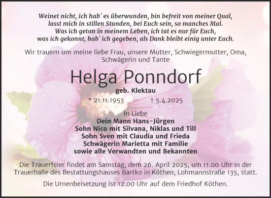 Traueranzeige von Helga Ponndorf von Trauerkombi Köthen