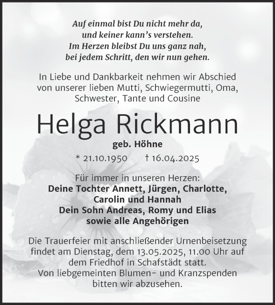 Traueranzeige von Helga Rickmann von Trauerkombi Merseburg