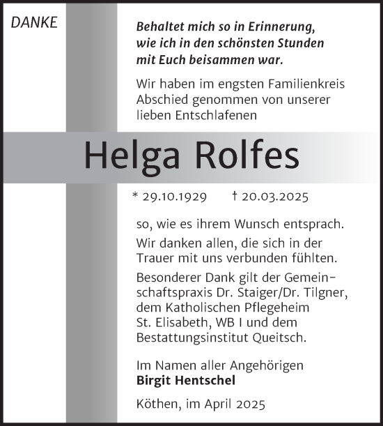 Traueranzeige von Helga Rolfes von Trauerkombi Köthen