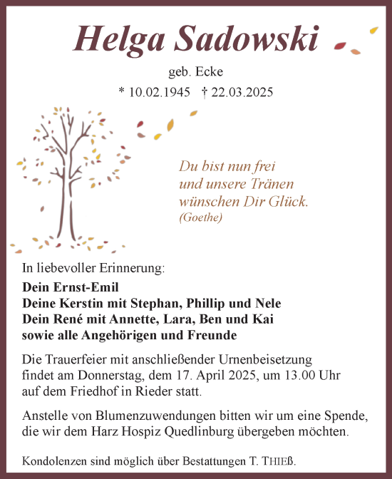 Traueranzeige von Helga Sadowski von Trauerkombi Quedlinburg