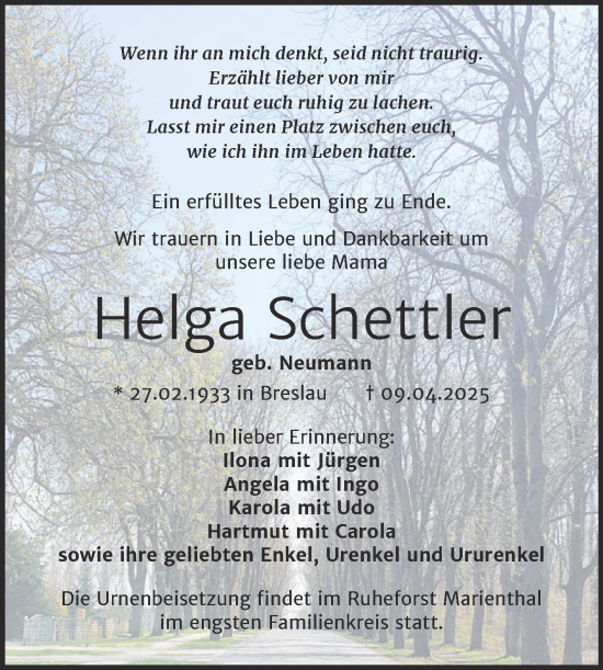 Traueranzeige von Helga Schettler von Super Sonntag Naumburg/Nebra