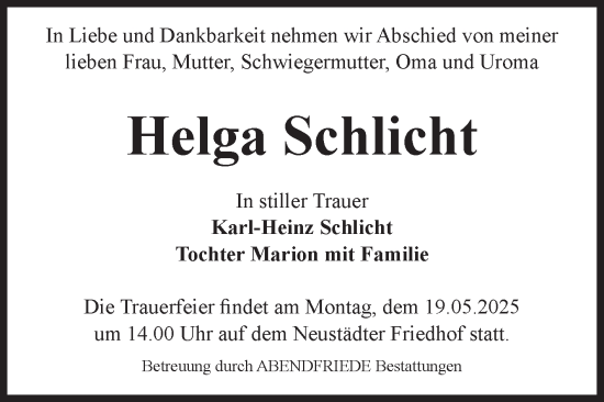 Traueranzeige von Helga Schlicht von Volksstimme Magdeburg