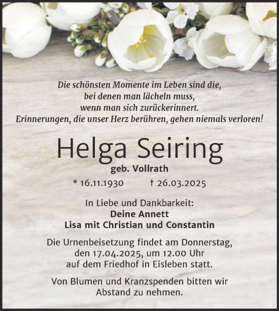 Traueranzeige von Helga Seiring von Trauerkombi Mansfelder Land