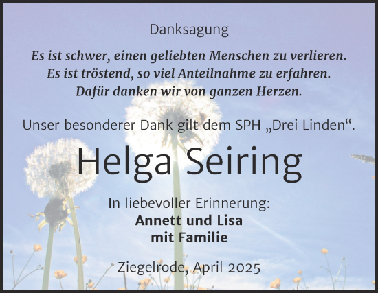 Traueranzeige von Helga Seiring von Trauerkombi Mansfelder Land