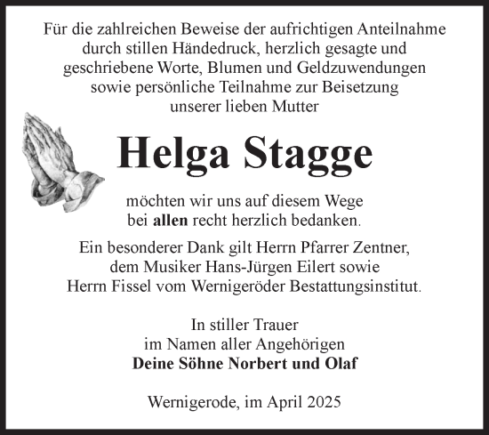 Traueranzeige von Helga Stagge von Volksstimme Wernigerode