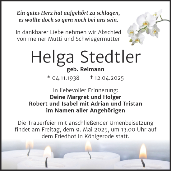 Traueranzeige von Helga Stedtler von Trauerkombi Quedlinburg