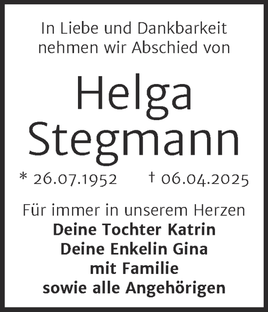 Traueranzeige von Helga Stegmann von Trauerkombi Dessau