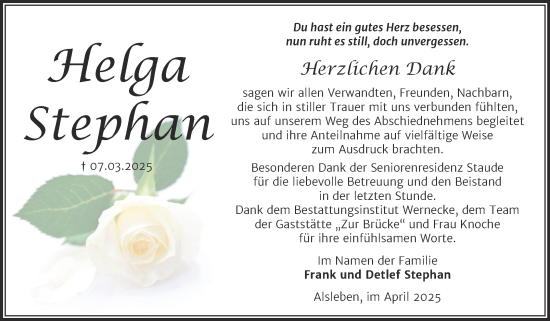 Traueranzeige von Helga Stephan von Trauerkombi Bernburg