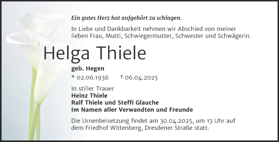 Traueranzeige von Helga Thiele von Trauerkombi Wittenberg