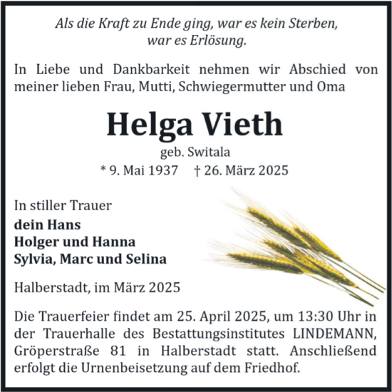 Traueranzeige von Helga Vieth von Volksstimme Halberstadt
