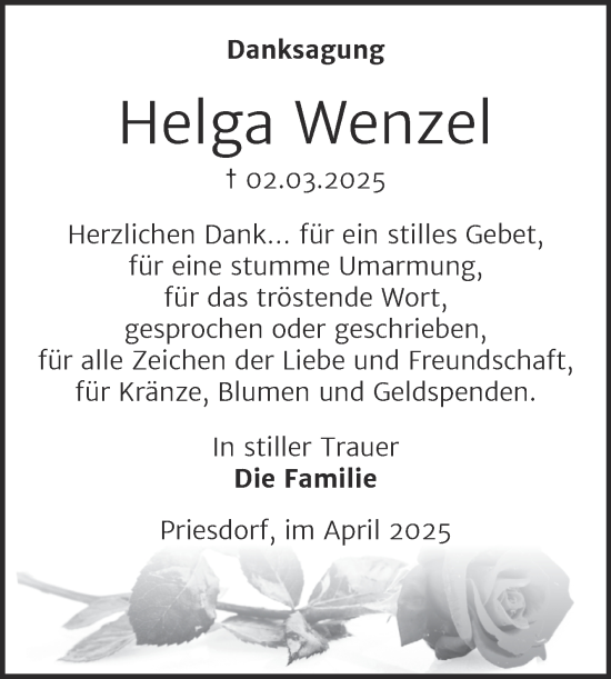 Traueranzeige von Helga Wenzel von Trauerkombi Köthen