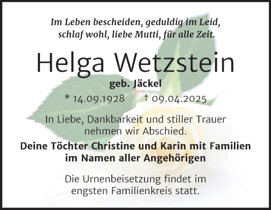 Traueranzeige von Helga Wetzstein von Trauerkombi Merseburg
