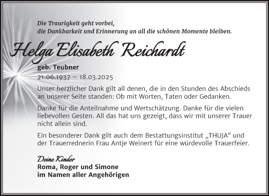 Traueranzeige von Helga Elisabeth Reichardt von Mitteldeutsche Zeitung Halle/Saalkreis