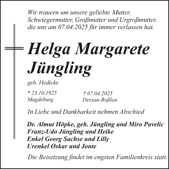 Traueranzeige von Helga Margarete Jüngling von Trauerkombi Dessau
