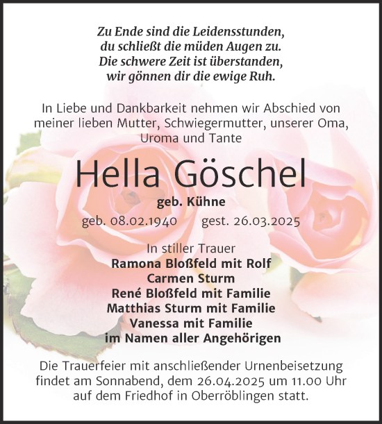 Traueranzeige von Hella Göschel von Trauerkombi Sangerhausen