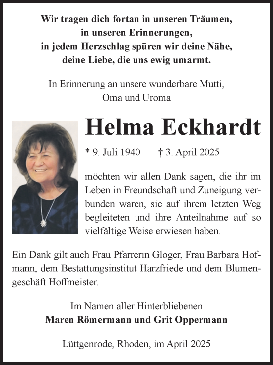 Traueranzeige von Helma Eckhardt von Volksstimme Halberstadt