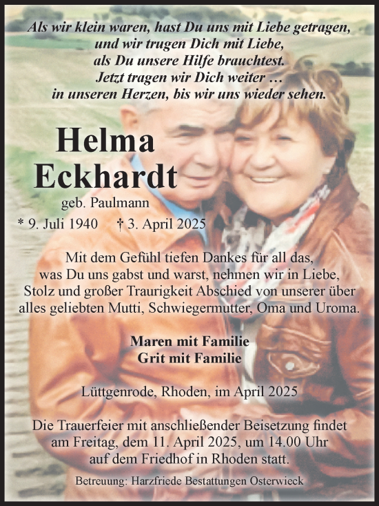 Traueranzeige von Helma Eckhardt von Volksstimme Halberstadt