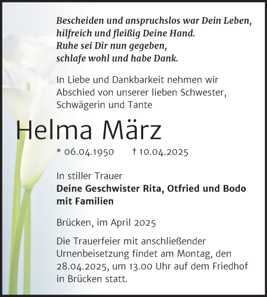 Traueranzeige von Helma März von Trauerkombi Sangerhausen
