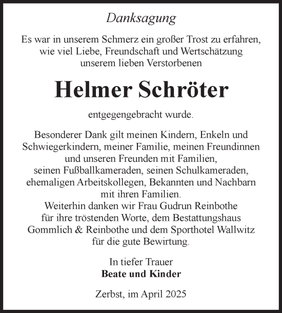 Traueranzeige von Helmer Schröter von Volksstimme Zerbst