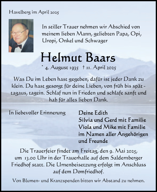 Traueranzeige von Helmut Baars von Volksstimme Altmark Ost