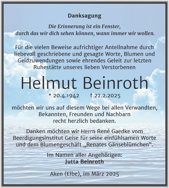 Traueranzeige von Helmut Beinroth von Trauerkombi Dessau