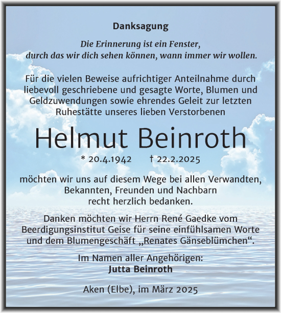 Traueranzeige von Helmut Beinroth von Trauerkombi Köthen