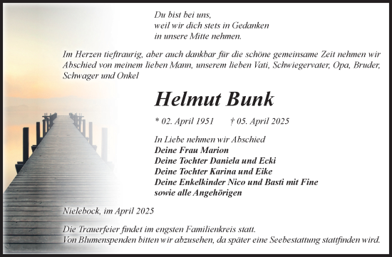 Traueranzeige von Helmut Bunk von Volksstimme Burg/Genthin