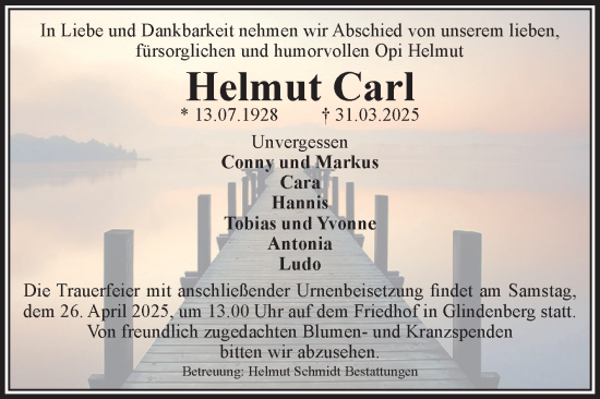 Traueranzeige von Helmut Carl von Volksstimme Magdeburg
