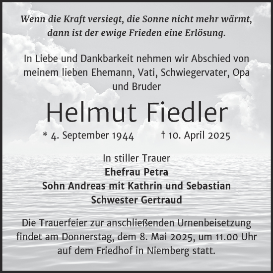 Traueranzeige von Helmut Fiedler von Mitteldeutsche Zeitung Halle/Saalkreis