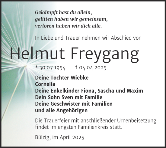 Traueranzeige von Helmut Freygang von Trauerkombi Wittenberg