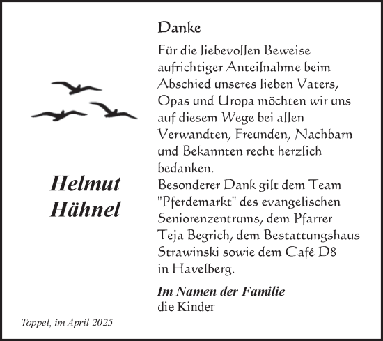 Traueranzeige von Helmut Hähnel von Volksstimme Altmark Ost