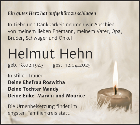Traueranzeige von Helmut Hehn von Trauerkombi Wittenberg
