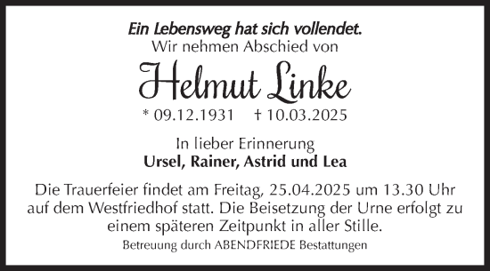 Traueranzeige von Helmut Linke von Volksstimme Magdeburg