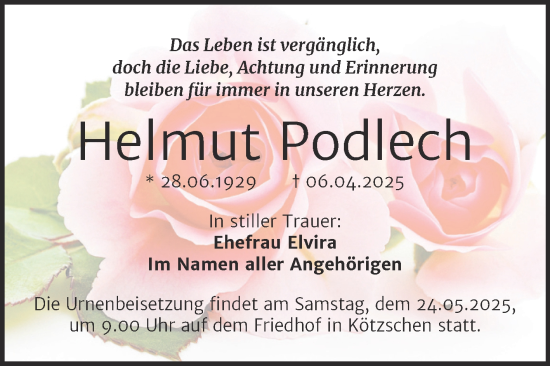 Traueranzeige von Helmut Podlech von Trauerkombi Merseburg