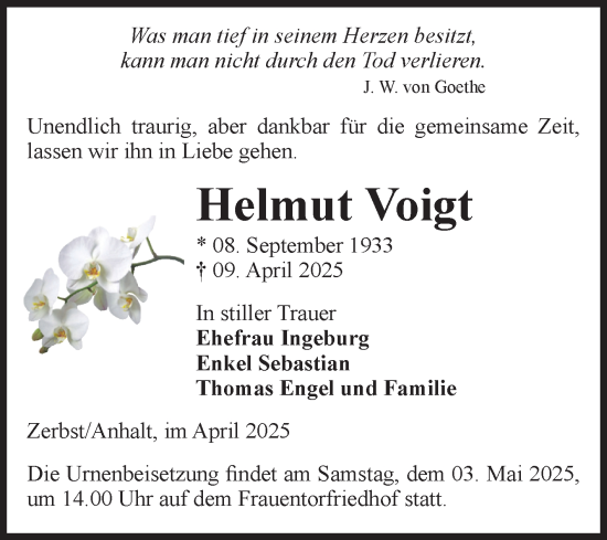 Traueranzeige von Helmut Voigt von Volksstimme Zerbst