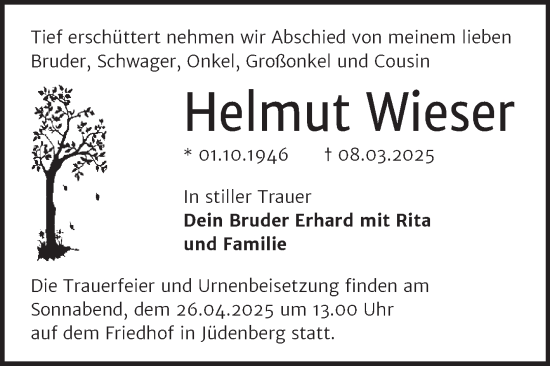 Traueranzeige von Helmut Wieser von Trauerkombi Wittenberg
