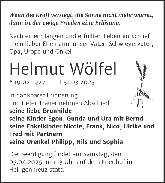 Traueranzeige von Helmut Wölfel von Naumburger Tageblatt