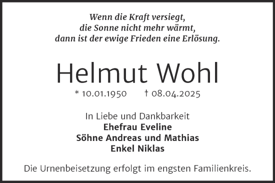 Traueranzeige von Helmut Wohl von Trauerkombi Bernburg