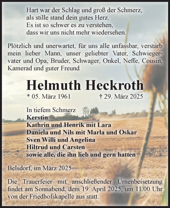 Traueranzeige von Helmuth Heckroth von Volksstimme Haldensleben/Wolmirstedt