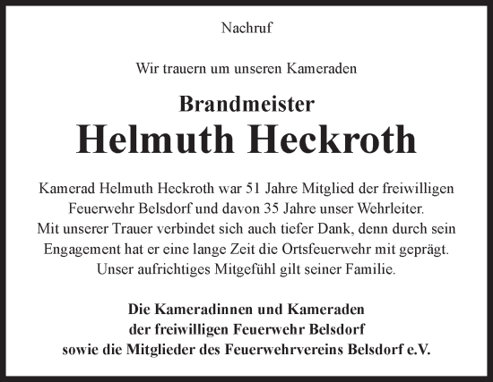 Traueranzeige von Helmuth Heckroth von Volksstimme Haldensleben/Wolmirstedt