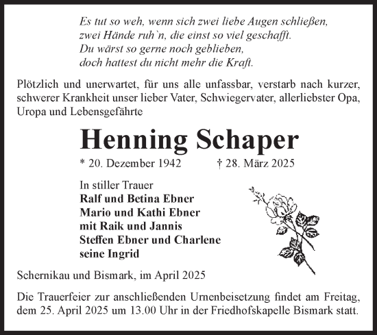 Traueranzeige von Henning Schaper von Volksstimme Altmark Ost