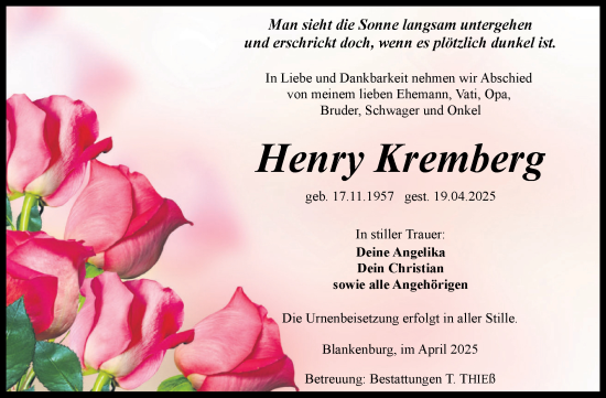 Traueranzeige von Henry Kremberg von Volksstimme Wernigerode