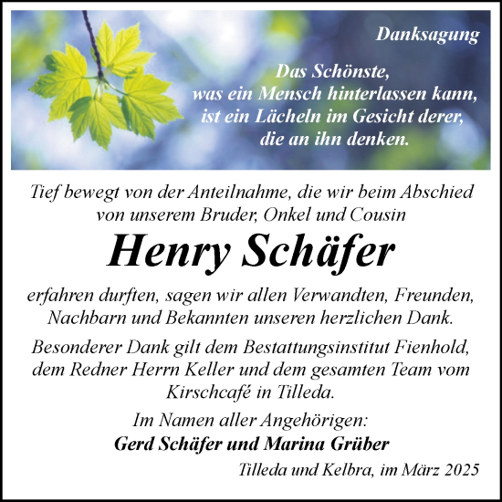 Traueranzeige von Henry Schäfer von Trauerkombi Sangerhausen