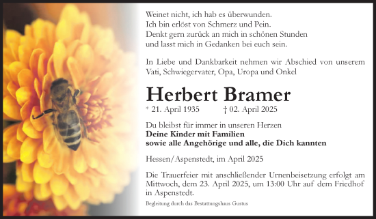 Traueranzeige von Herbert Bramer von Volksstimme Halberstadt