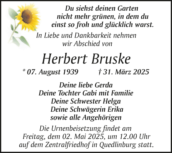 Traueranzeige von Herbert Bruske von Trauerkombi Quedlinburg