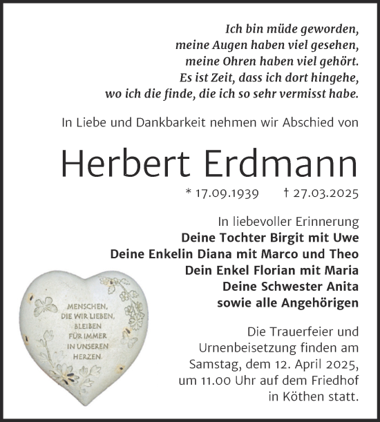 Traueranzeige von Herbert Erdmann von Trauerkombi Köthen