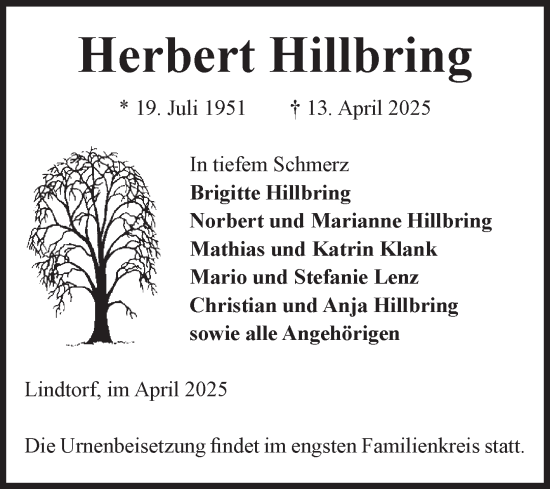 Traueranzeige von Herbert Hillbring von Volksstimme Altmark Ost