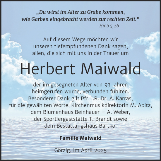 Traueranzeige von Herbert Maiwald von Trauerkombi Köthen