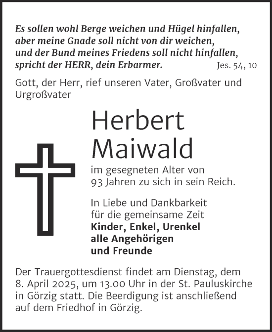 Traueranzeige von Herbert Maiwald von Trauerkombi Köthen