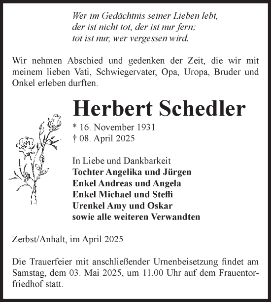 Traueranzeige von Herbert Schedler von Volksstimme Zerbst